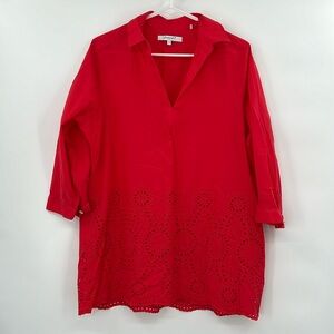 Foxcroft Womens Embroidered Eyelet Popover Top Sz 14 Red‎ Coastal Grandma Beachy